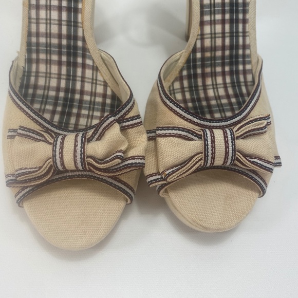 American Eagle Womens Heel Shoes 10 Canvas Peep Toe Ankle Strap Bows Plaid - Picture 16 of 16